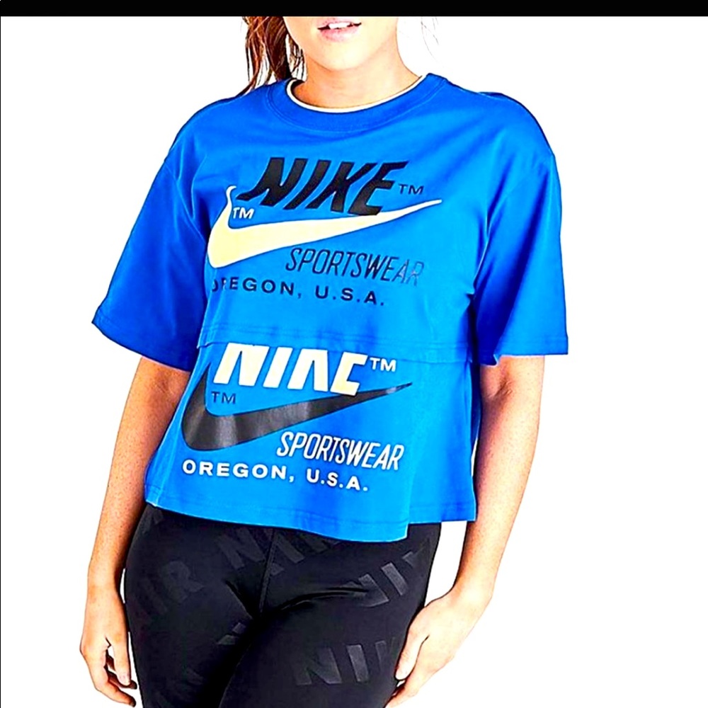 NEW Nike Womans Double Swoosh Shirt Blue Loose Crop Tank Top Basketball …